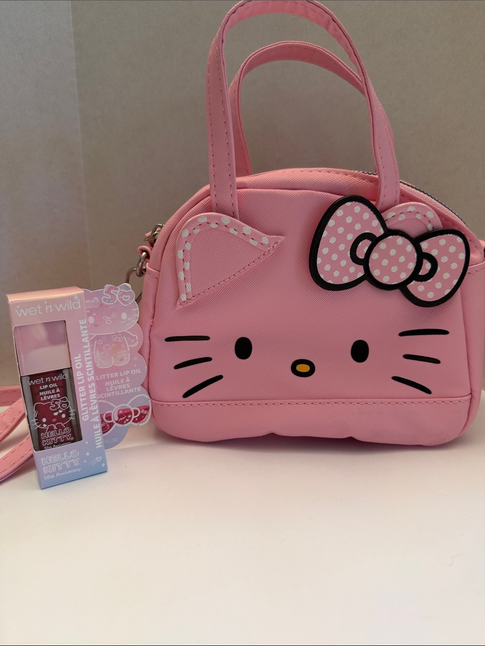Hello Kitty Pink Kids Crossbody Purse with Bow and Glitter Lip Oil